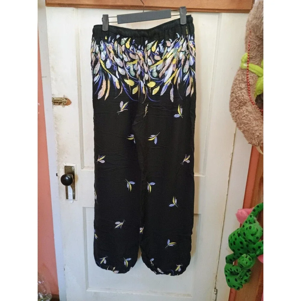 Urban Coco Women's Black Feather Print Palazzo Pants Elastic Waist Boho Lounge L